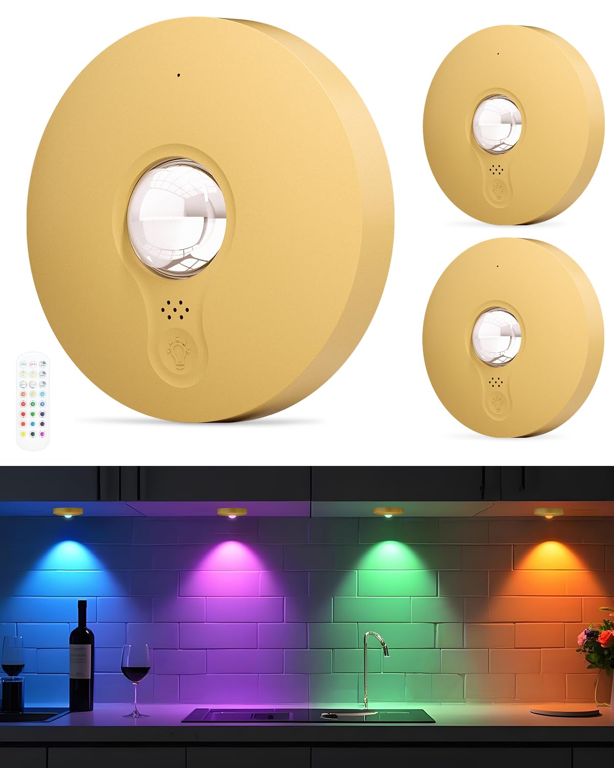 WUYOR Rechargeable RGB Puck Lights with Remote Control, 1500mAh Battery Under Cupboard Kitchen Lamp, Dimmer & Timer Under Cabinet, Wireless LED Stick-On for Closet, Bedroom - Gold 3Pcs