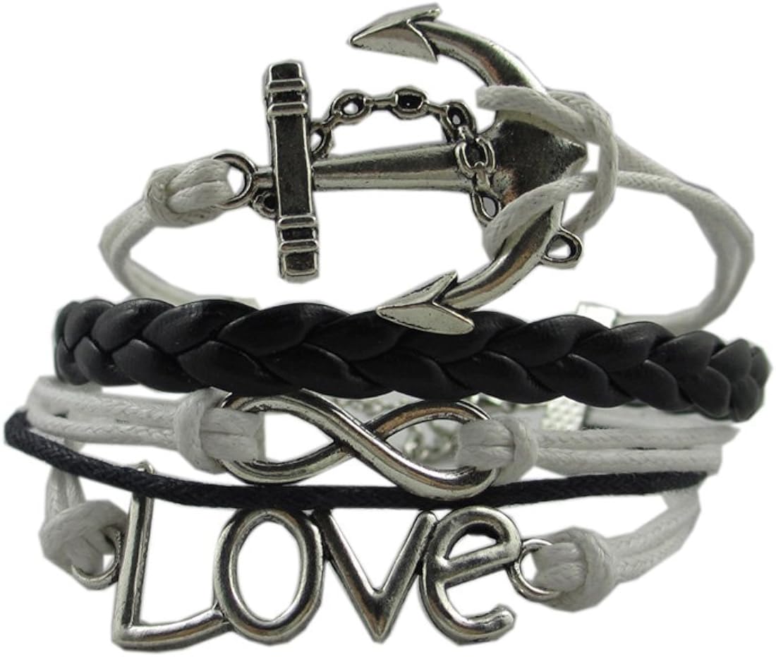 Silver Infinity Anchor Love Charms Leather Rope Knit Wrap Bracelet White Black