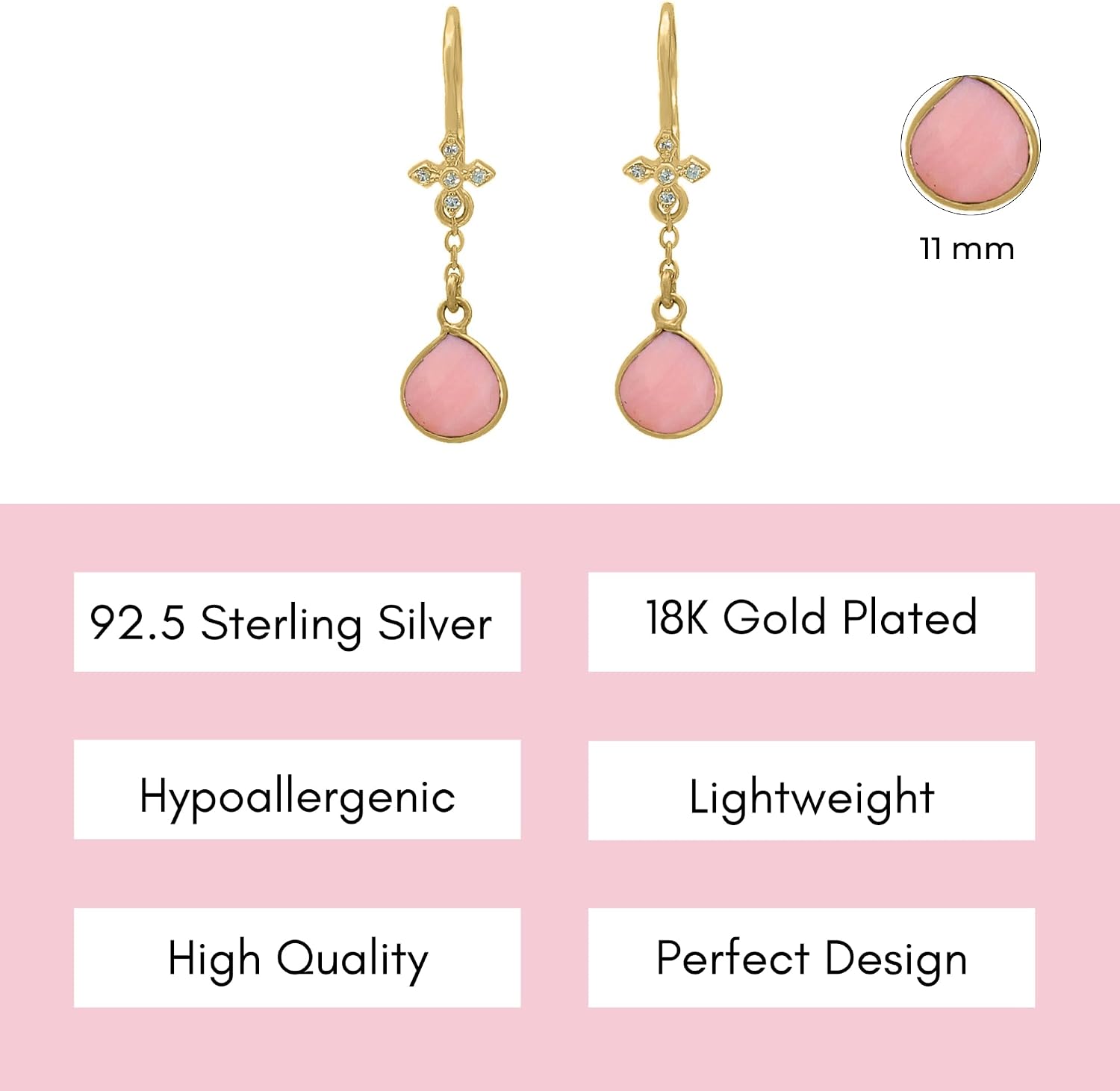 Earrings for Women in Heart Dangle Drop Shape - 18K Gold Vermeil, Certified 925 Sterling Silver Healing Crystal Earring - Hypoallergenic Gold Jewelry for Women, Mothers Day Gifts, Birthday Gifts for Women