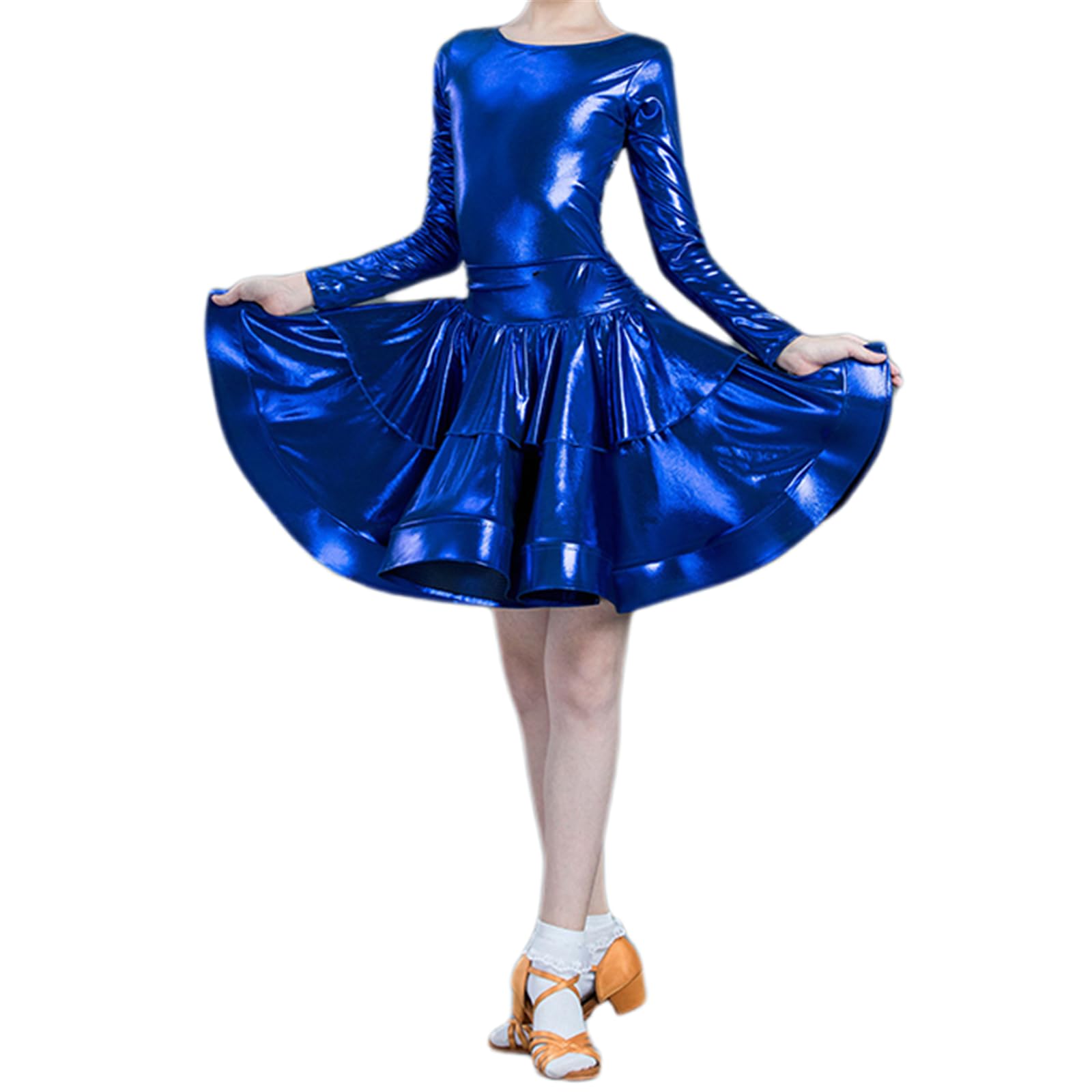 Grazioso Completo da esibizione per Bambini - Gonna a Pieghe Classica a Maniche Lunghe, Orlo Arruffato - Gonna a Battente per Feste da Ballo Brillante Samba Tango Cha-Cha