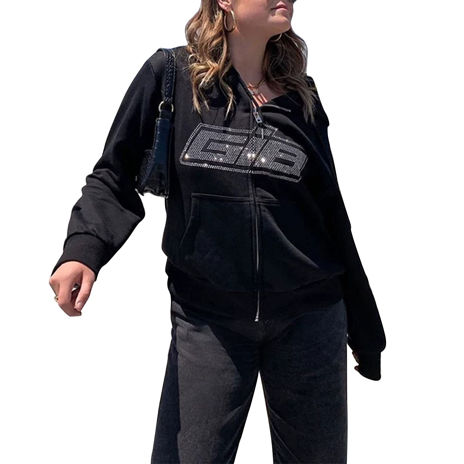 Y2K Estetico Felpa Con Cappuccio Zip Up Pullover Felpe Strass Oversize Sciolto Manica Lunga Con Cappuccio Top Con Tasca Nero L