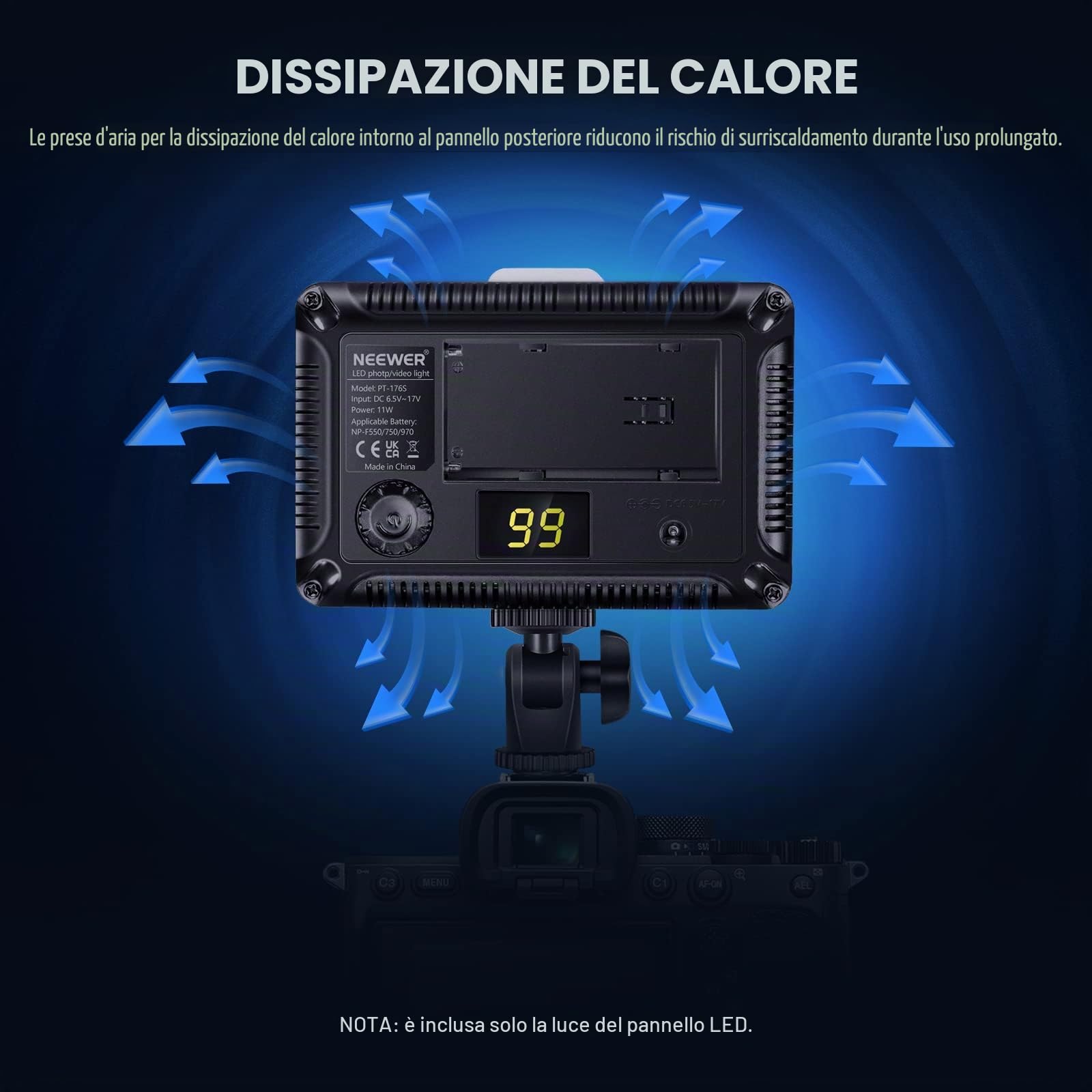 Neewer Pannello Luce LED 176 Bulbi Ultra Luminosa Dimmerabile 3200-5600K On-camera con Filettatura 1/4”di Montaggio per Reflex Canon Nikon Pentax Panasonic Sony Samsung Olympus ecc.