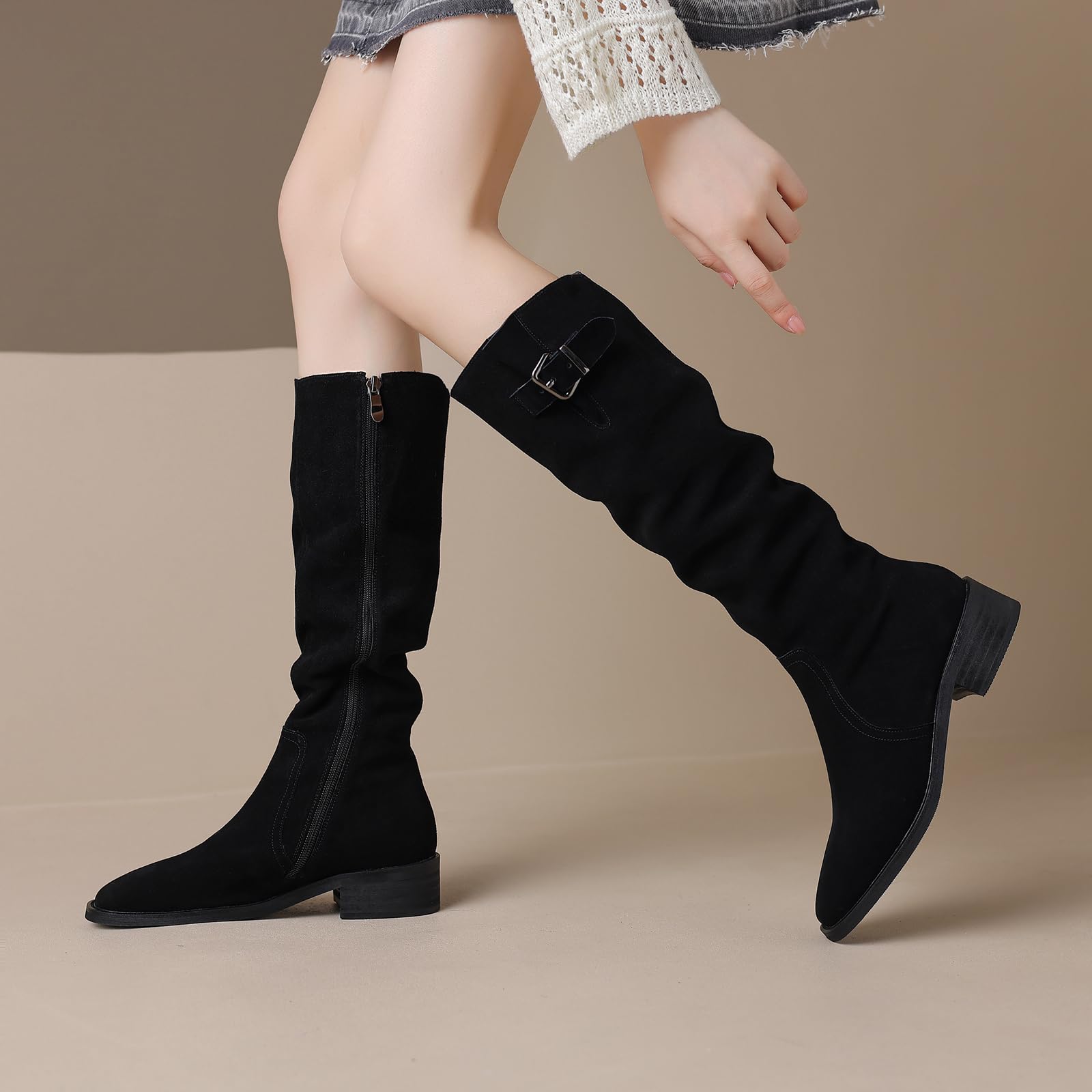Stivali da donna Vintage Nubuk al ginocchio con pizzo quadrato e bassi, tacchi grossi per l'inverno