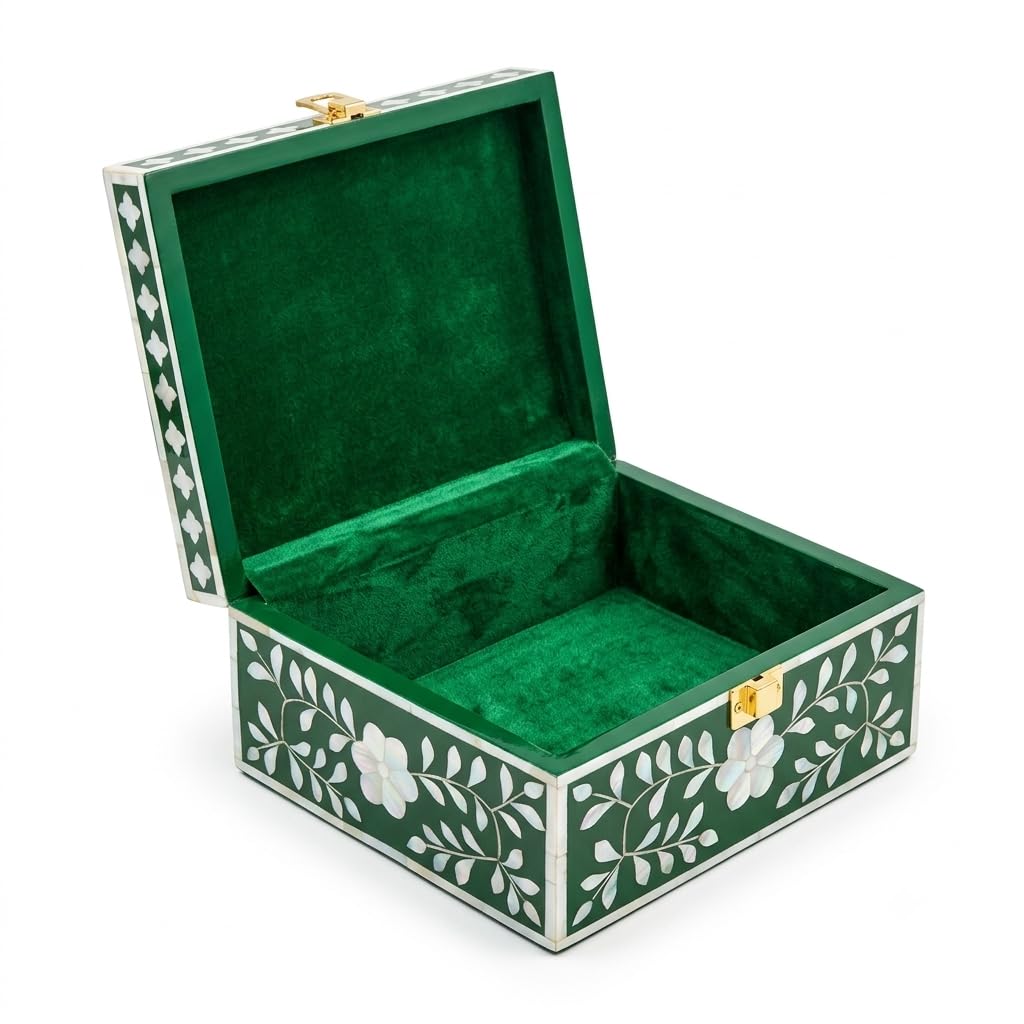 Mother of Pearl Inlay Jewelry Box, Green Floral Keepsake Trinket Box