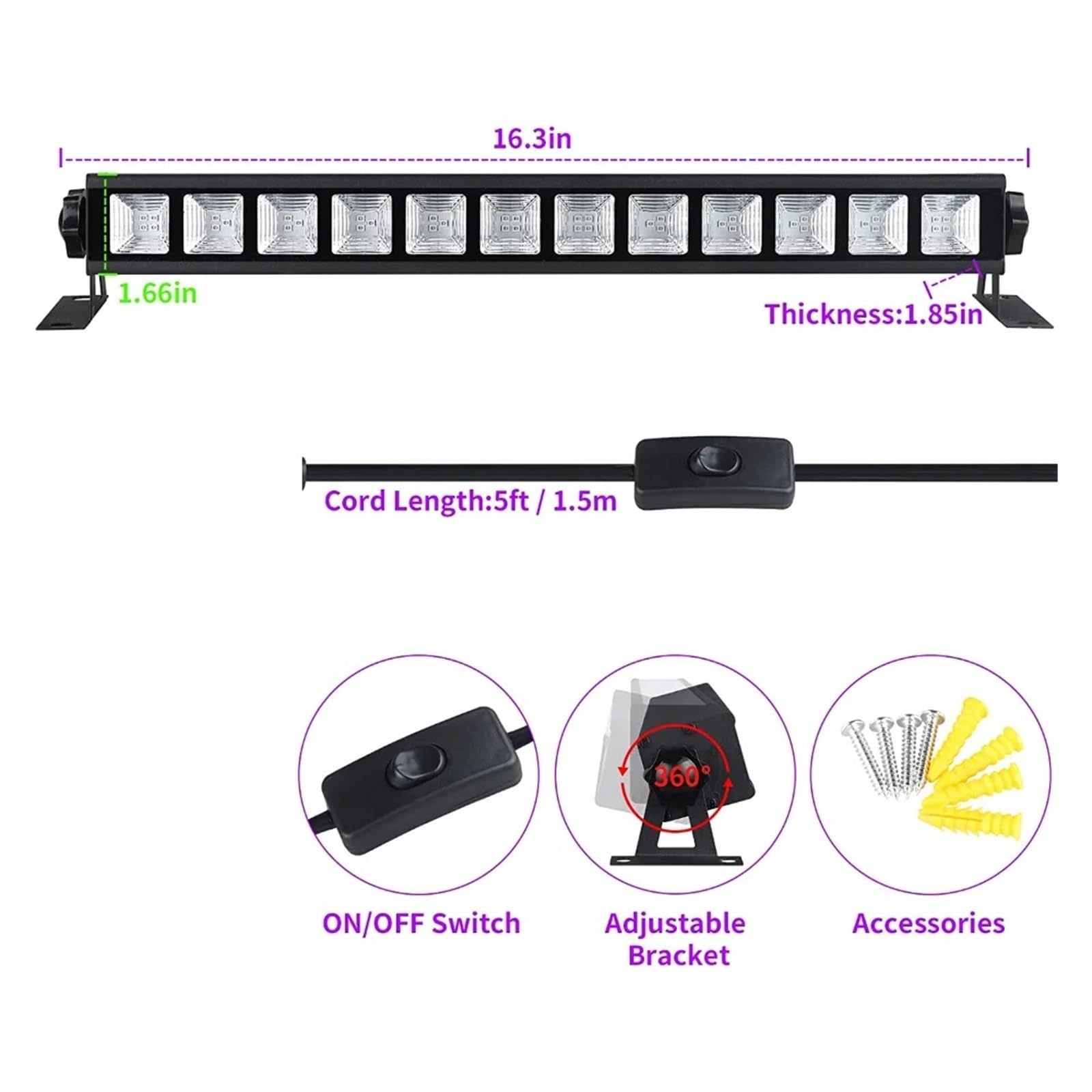 Applique Murale, Barre lumineuse UV noire 40 LED, 40 W, avec interrupteur, brille dans le noir, for fête d'Halloween, affiche fluorescente, scène