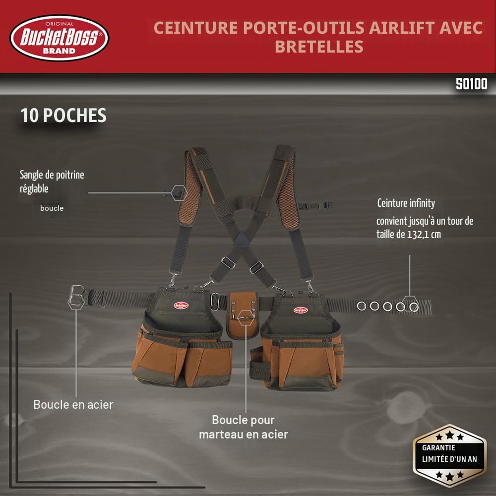 Bucket Boss AirLift 50100 Ceinture porte-outils avec bretelles et 12 poches, marron, 132 cm