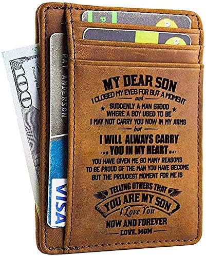 Minimalist Wallets Gift for Son from Mom - Engraved Leather Front Pocket Wallet - Custom Wallet RFID Blocking