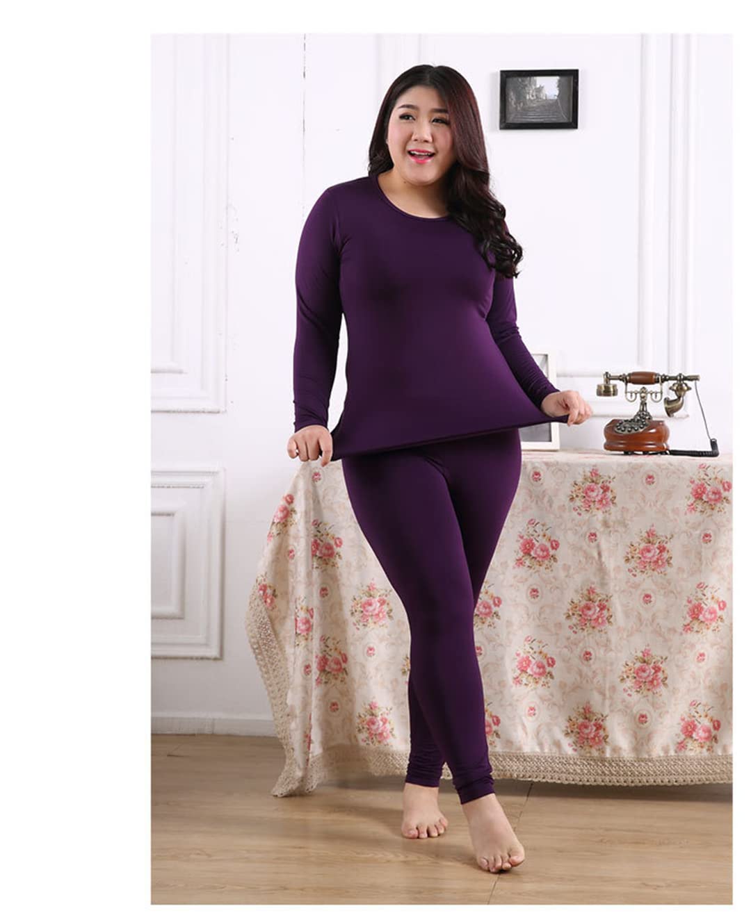 Disimlarl Damen Lange Fleece Thermounterwäsche, rose, 52