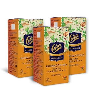 CARE Ashwagandha Immunity Booster Spiced Herbal Green Tea, 75 Bag (3 Packs x 25) | Organic Desi Kahwa with Tulsi & Ginger | Whole Loose Leaves Blend | Ayurvedic Indian Kadha for Detoxification