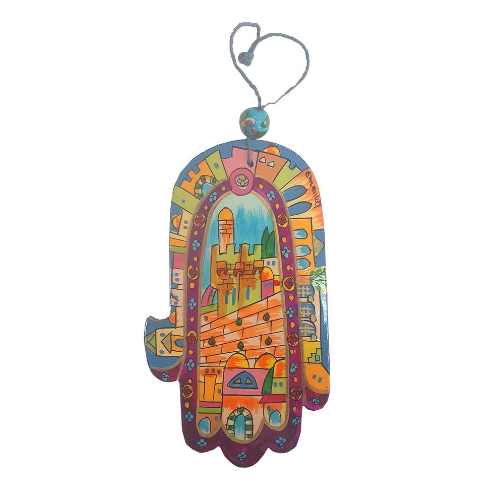 Hamsa Jérusalem en bois peint à la main par Yair Emanuel bordeaux