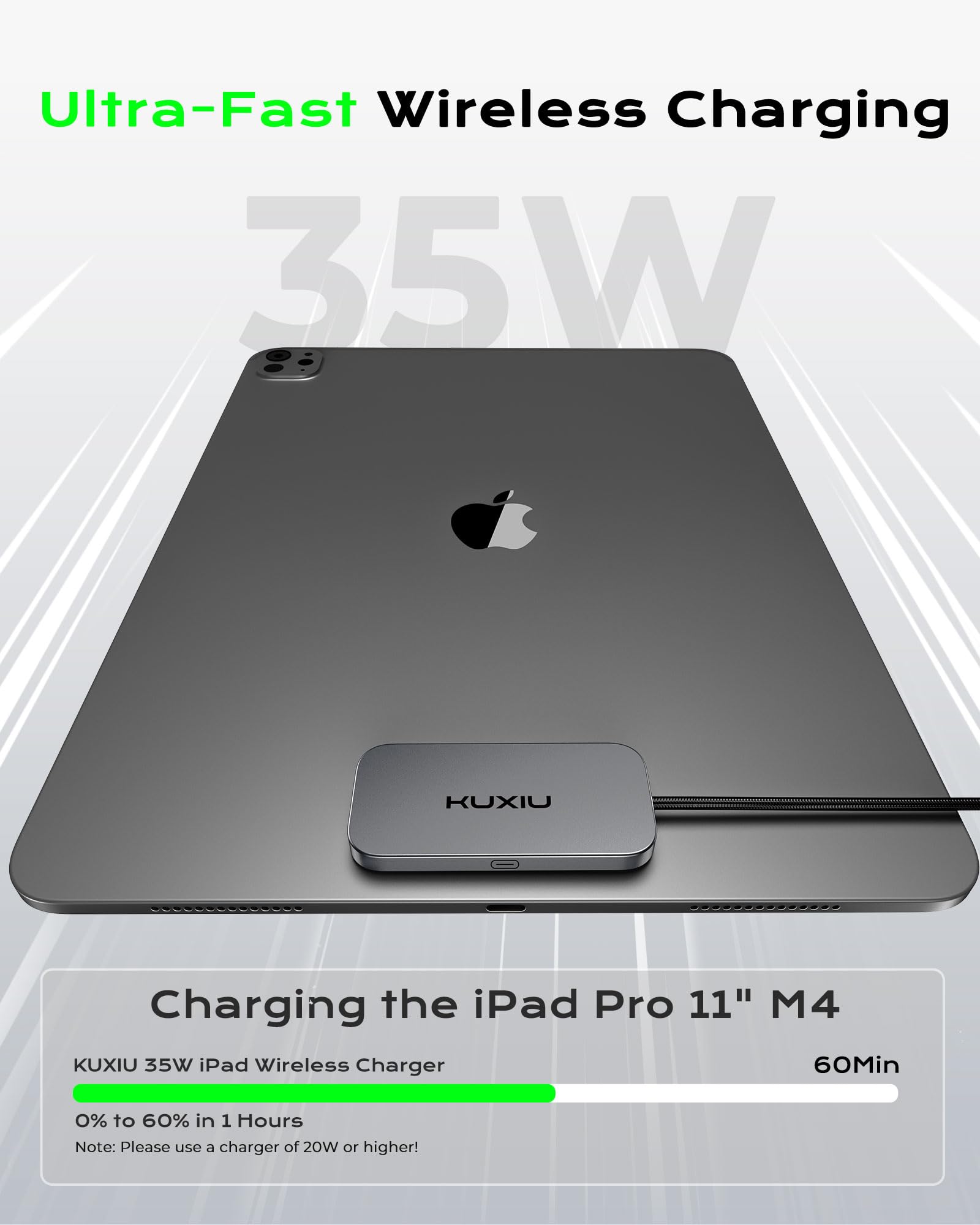 KU XIU M30 Magnetisches Ladegerät für iPad Pro 11" (M4/M5), 35W Schnellladung Smart Connector, Aluminium Wireless Charging Pad mit 2 m USB-C Kabel, Netzteil Nicht enthalten