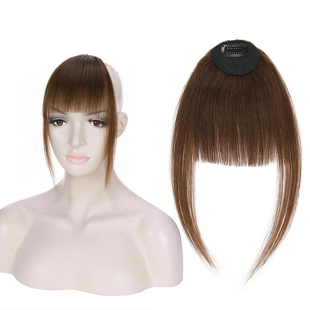 Clip in Bangs Medium Brown Color 100% Real Human Hair Wispy Clip on Bangs Extensions Fringe with Temples Hairpieces for Women - Image 2