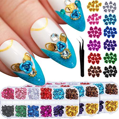 360 Pieces Metal Rose Flower Nail Art Decorations Multi-Color 3D Rose Flower DIY Jewel Charms Accessories Supplies with Curved Tweezers, 12 Colors