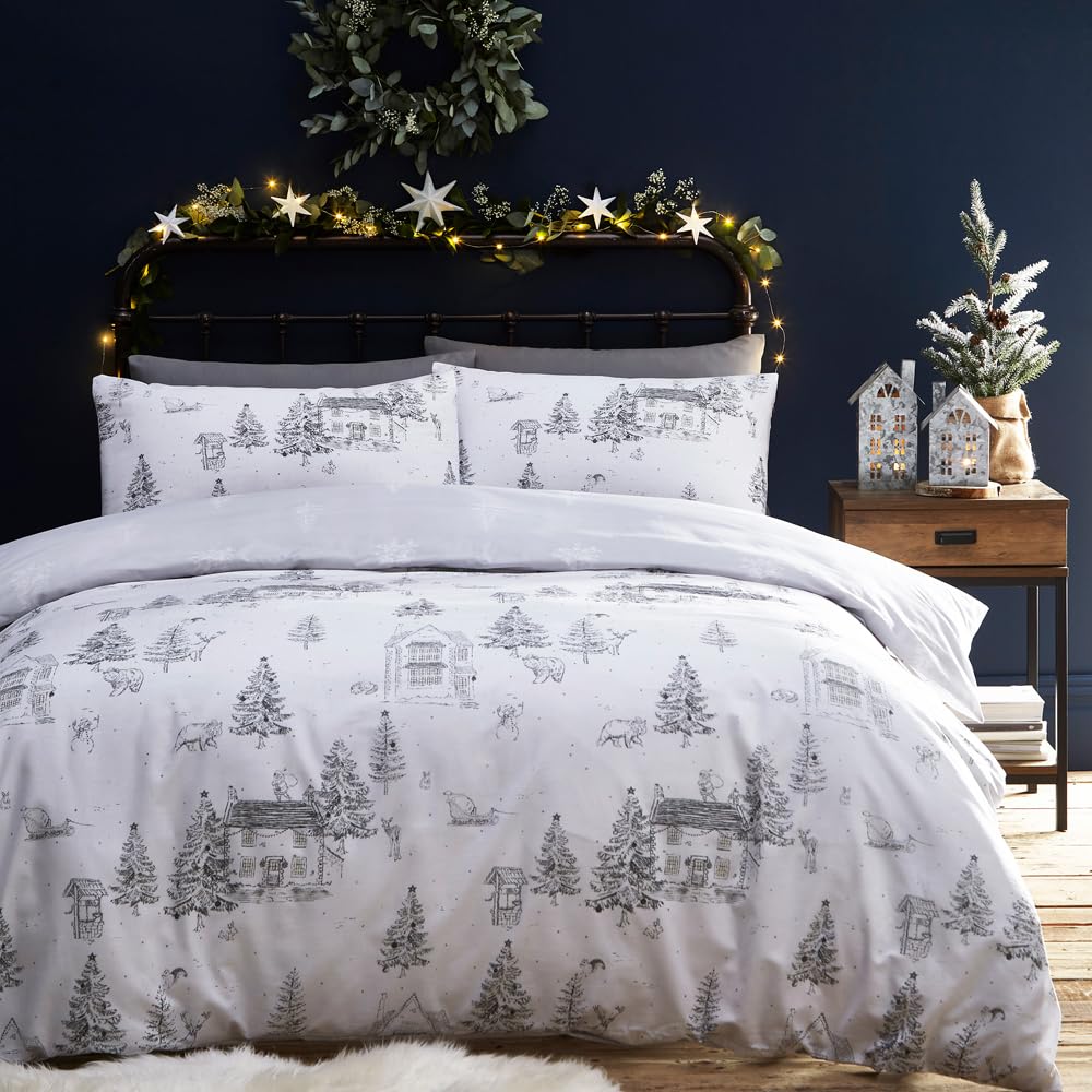 Furn. Snow Midwinter Toile Duvet Cover Set - Polycotton Fabric, Picturesque Cottages & Woodland Animals Festive Bedding (White – Double)