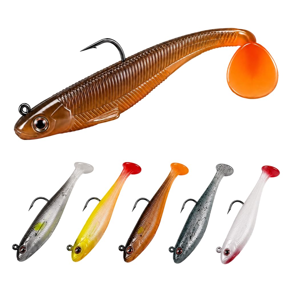 6PCS Soft Fishing Lures Fishing Lures Baits Tackle Set Sea Trout Lures with BKK Hooks for More Bites, Paddle Tail Swimbait for Saltwater Freshwater Fishing