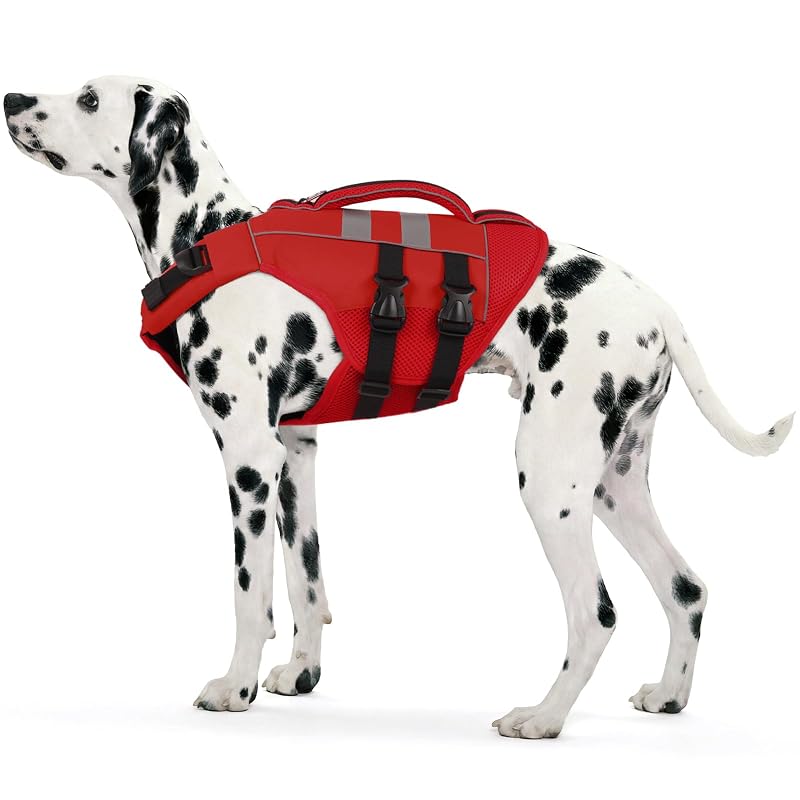 Colete salva-vidas para cães Kuoser com flutuação, faixas refletivas e alça de resgate Vermelho XXL (peitoral de 78–97,8 cm)