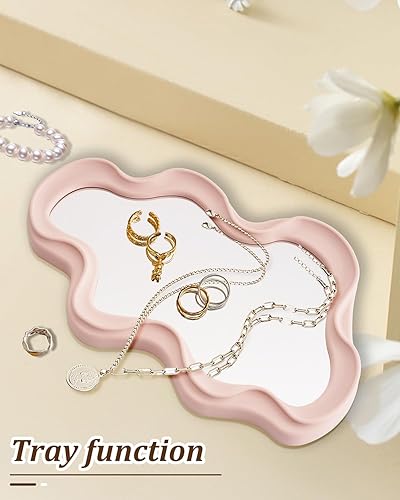 Miniatura 4 de Espejo de pared decorativo pequeño y funky – Diseño ondulado asimétrico rosa, espejo colgante para dormitorio, baño, entrada, forma moderna