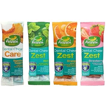 Happi Doggy Heads Up for Tails Dry Adult Dog Treats Dental Chew Care & Zest Combo (Orange, Mint, Strawberry & Apple Flavours, Pack of 4)