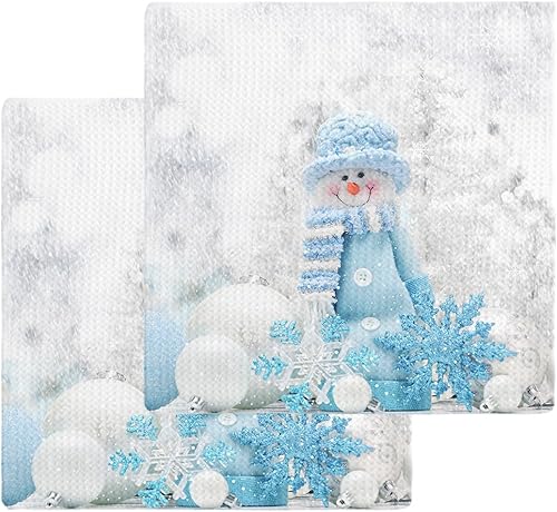 Paquete de 2 toallas de cocina de algodón con tejido de gofre, muñeco de nieve de felpa azul, copos de nieve, absorbentes, de secado rápido, paños
