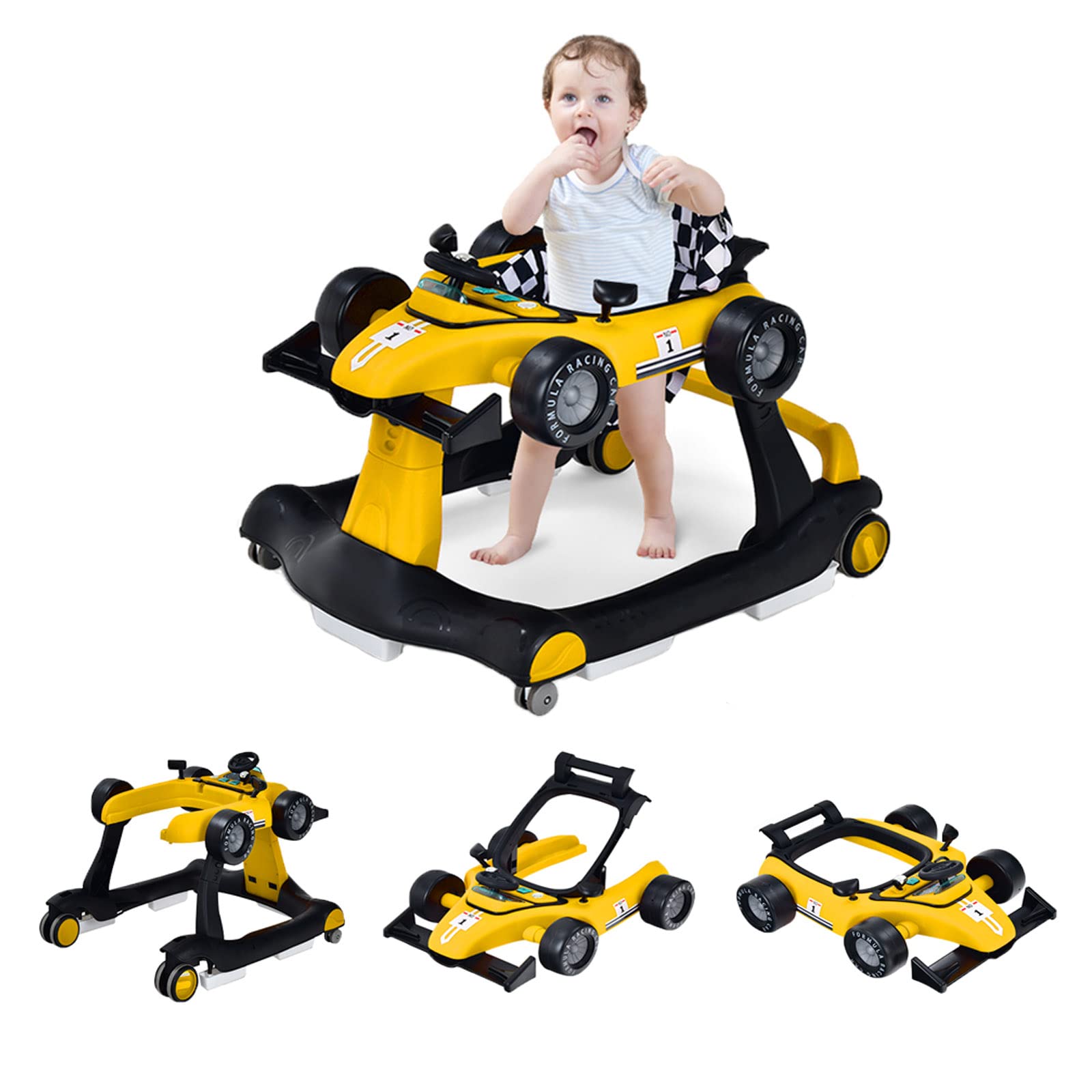GOPLUS Trotteur Bébé Évolutif 4 en 1 Garçon Fille 6-18 Mois, Charge Max 12 KG, Trotteur Bebe Marche Pliable, Musique et Lumière, Hauteur Réglable en 3 Positions (Jaune)