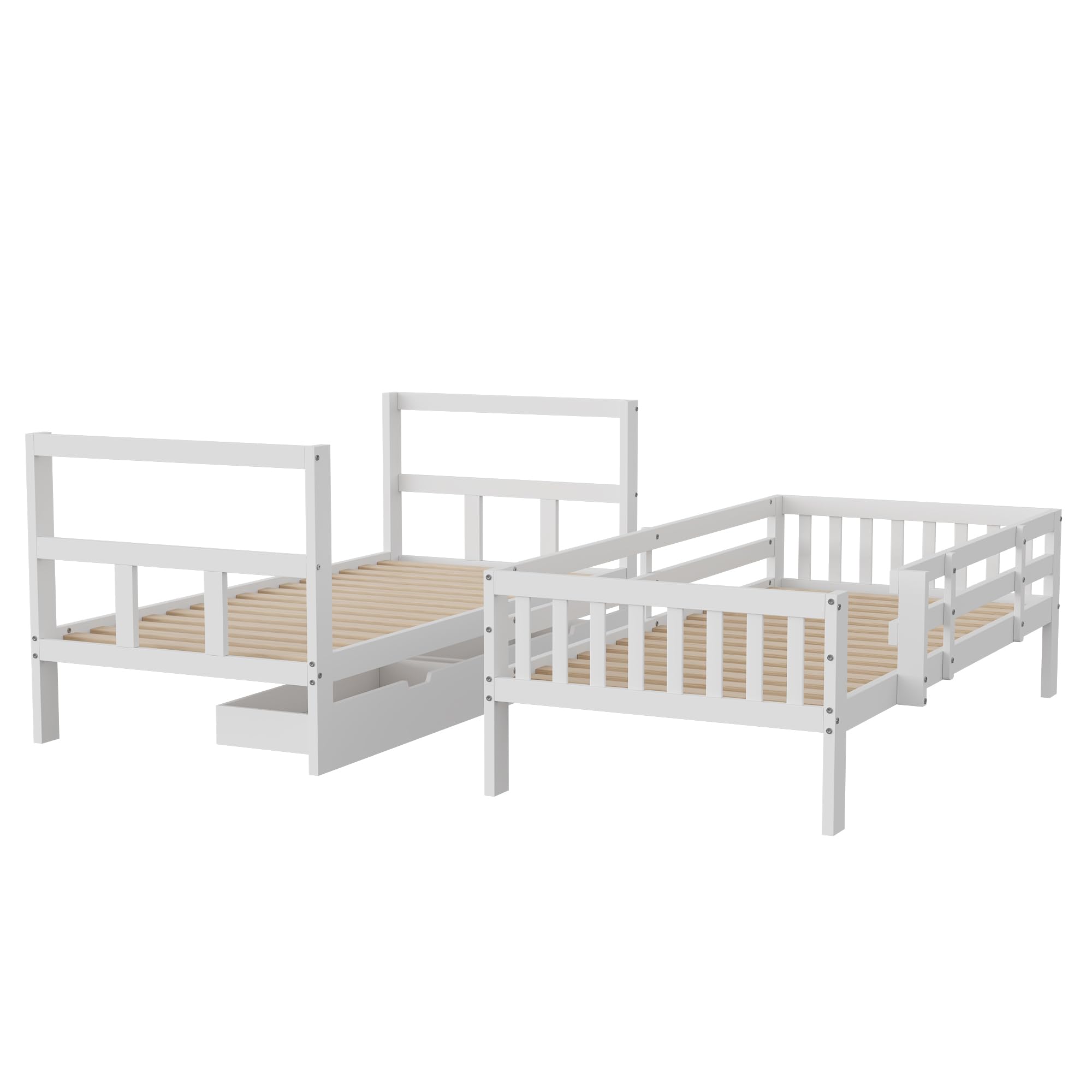 Hochbett Kinder 90x200, Etagenbett Kinderbett, Hochbett Stockbett mit Rausfallschutz und 2 Schubladen, Funktionsbett Jugendbett mit Lattenrost, umbaubar in Zwei Kinderbetten