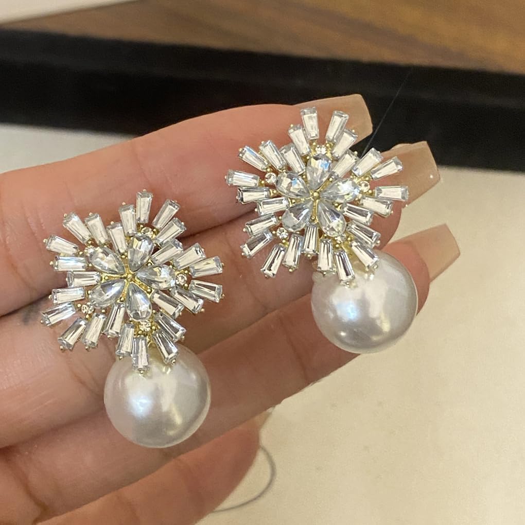 Sparkly Pearl Rhinestone Earrings for Women,White Snowflake Flower Statement Earrings,Formal Floral Holiday Prom Weeding Jewelry Gifts - Image 7