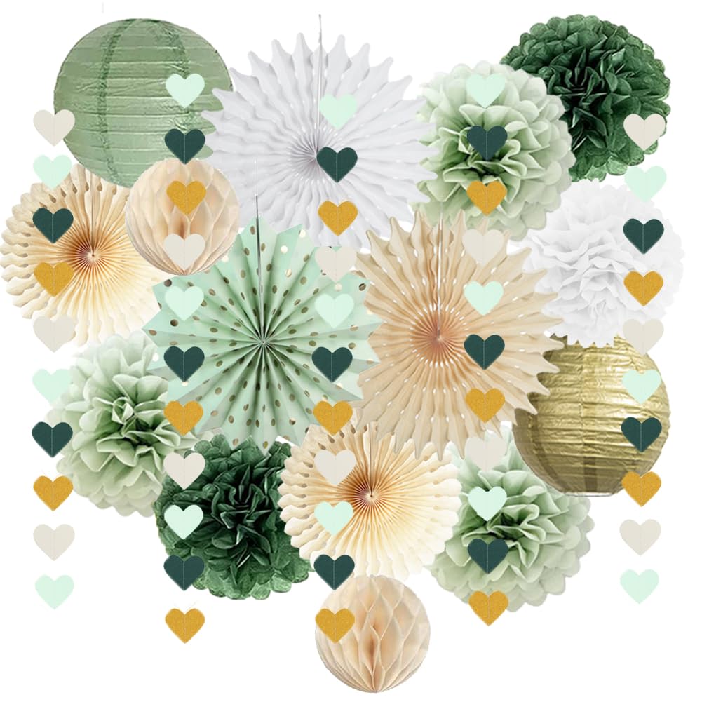 Sage Green Party Decorations Sage Green White Gold Party Decorations Paper Pom Poms Paper Fans Lanterns Sage Beige Gold Love Heart Garland for Birthday Baby Shower Wedding Bridal Shower Party Decor