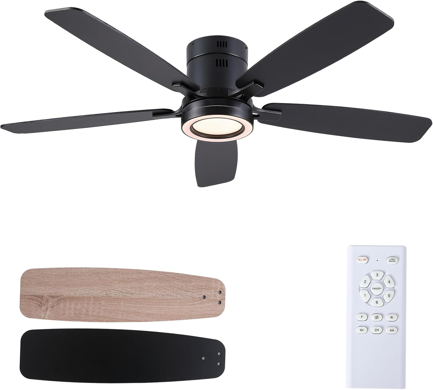 Ceiling Fans with Lights, 52 Inch Flush Mount Ceiling Fan with Remote, Low Profile Black Ceiling Fan with Light for Bedroom Living Room, Quiet DC Motor, Reversible Airflow, Dimmable LED
