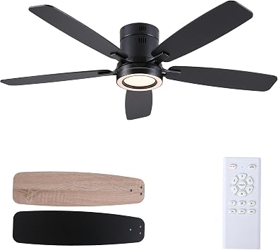 52 Inch Low Profile Black Ceiling Fans with Lights Flush Mount