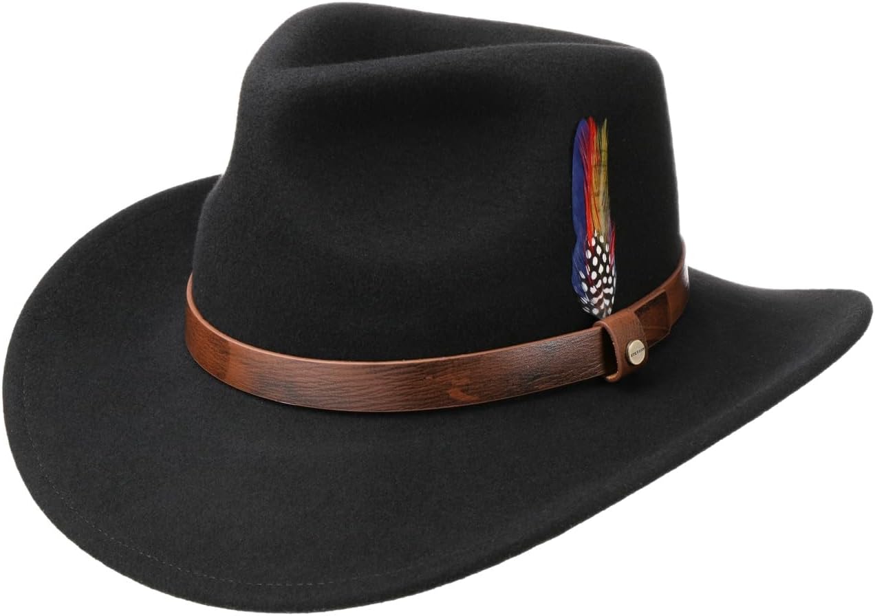 Stetson Oklahoma Wool Felt Western Hat Men's 100% Water-Repellent Felt Asahi Guard Ultralight Crushable Hat with Feather Leather Strap Summer Winter