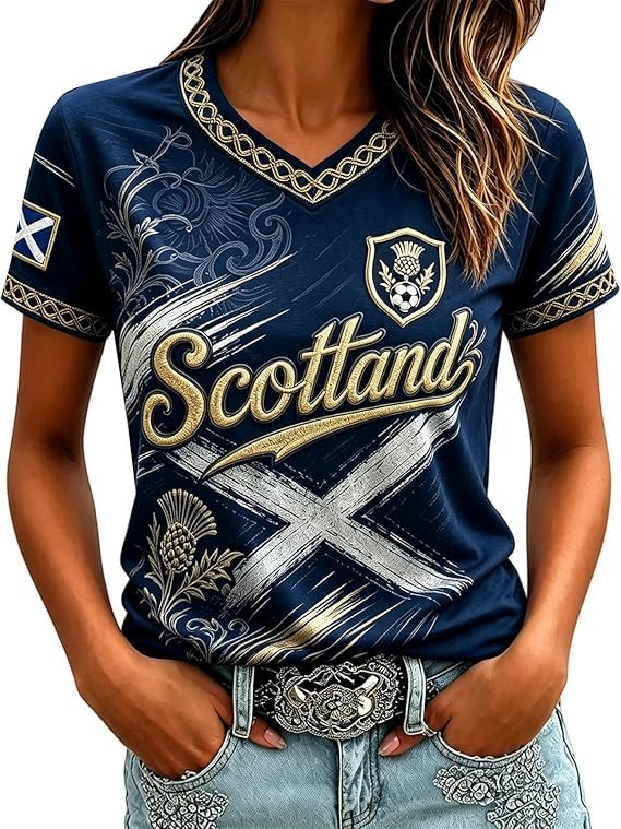 Scotland Fan Football Shirt Womens World Cup 2026 Short Sleeve Jersey Retro Graphic Printed V-Neck England Football Top Ladies Scotland T-Shirt Lightweight Fashion Summer Sports Clothing
