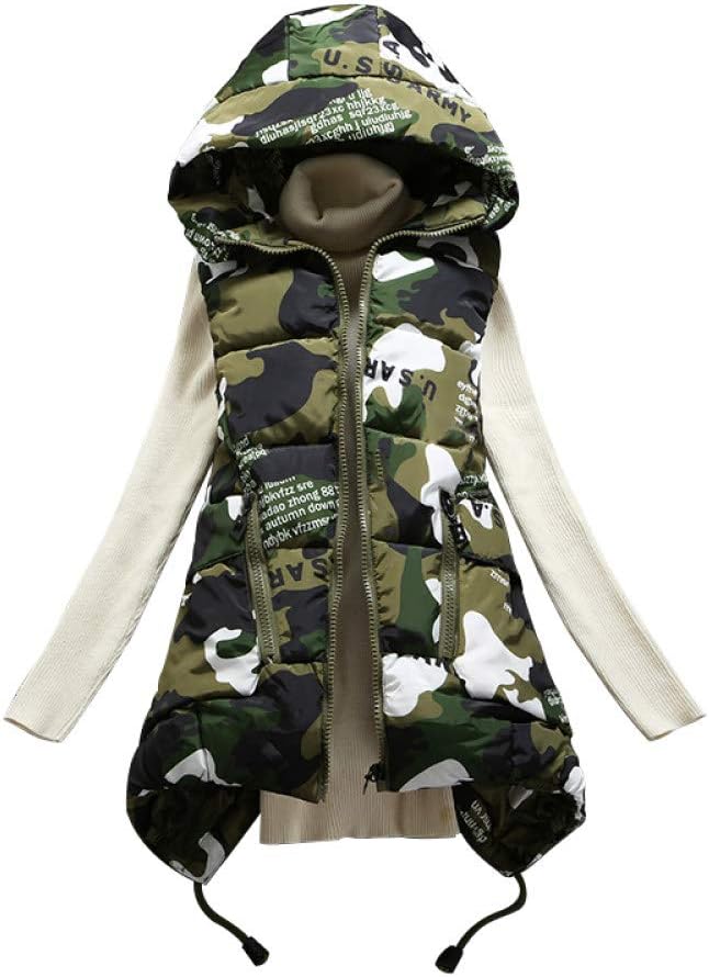 KHJH Women'S Down Gilet,Thickened Camouflage Green With Hood Cotton Long Vest Slim Jacket Large Sleeveless Coat For Winter Warm Outdoor Walking Casual Waistcoat,S