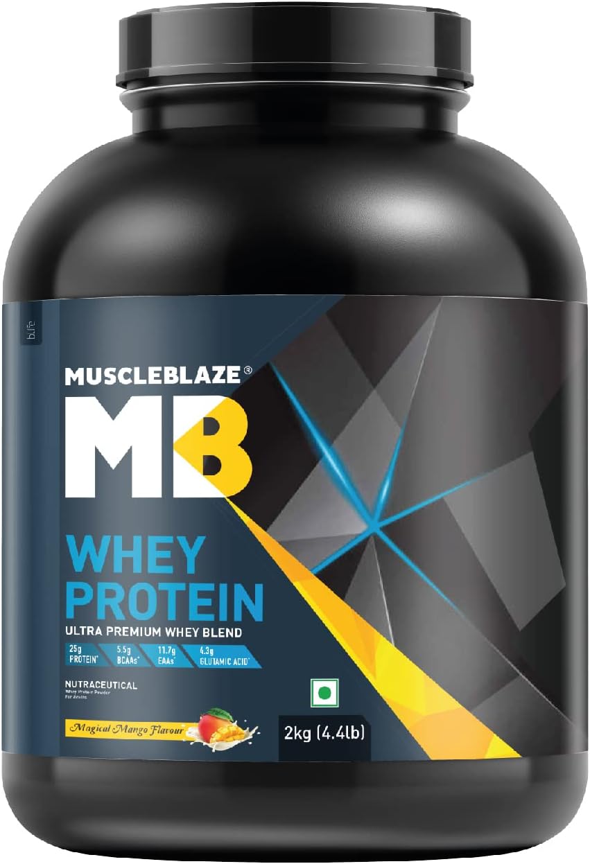 MuscleBlaze 100% Whey Protein, Ultra Premium Blend with Whey Protein Concentrate & Whey Protein Isolate, 25 g Protein per Scoop (Magical Mango, 2 kg / 4.4 lb)