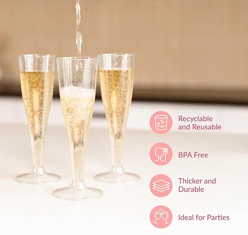 Vista 49 de Prestee 48 copas de champán de plástico desechables con purpurina dorada - Vasos transparentes para brindis mimosa, fiesta de Año Nuevo