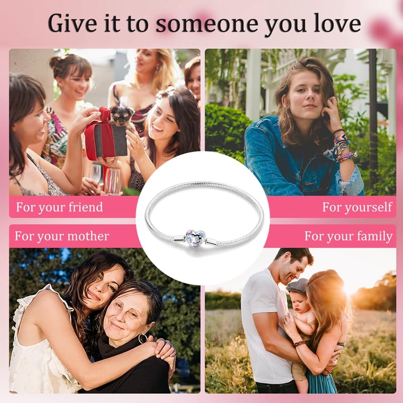 Image of 925 Sterling Silver Snake Chain Bracelets Fit Pandora Charms,Heart Clasp Bracelets Perfect For Any Glamour Gift for Women with 5 A Cubic Zirconia