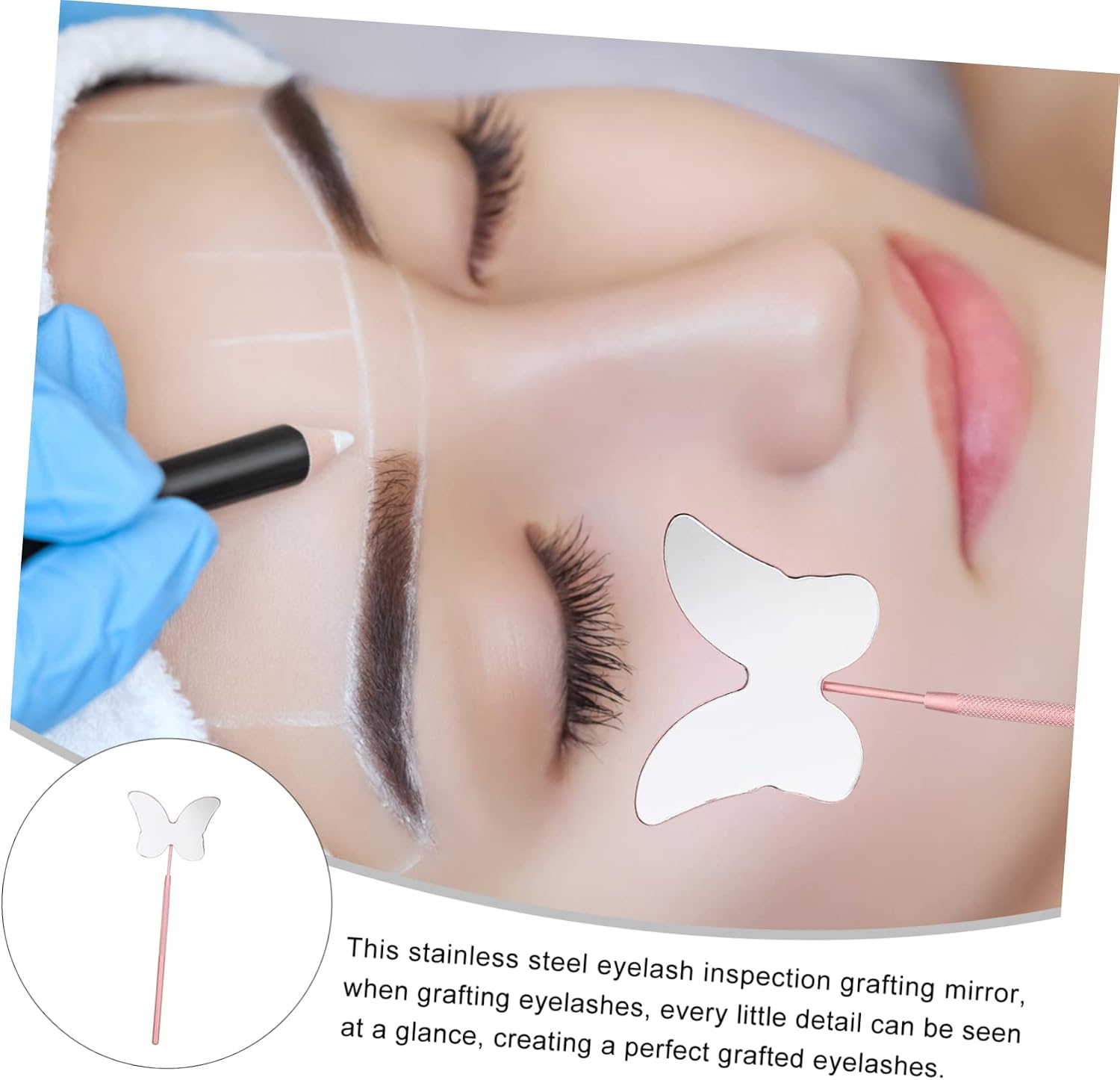 Stainless Steel Eyelash Mirror Butterfly Handheld Beauty Tool Pink image 2