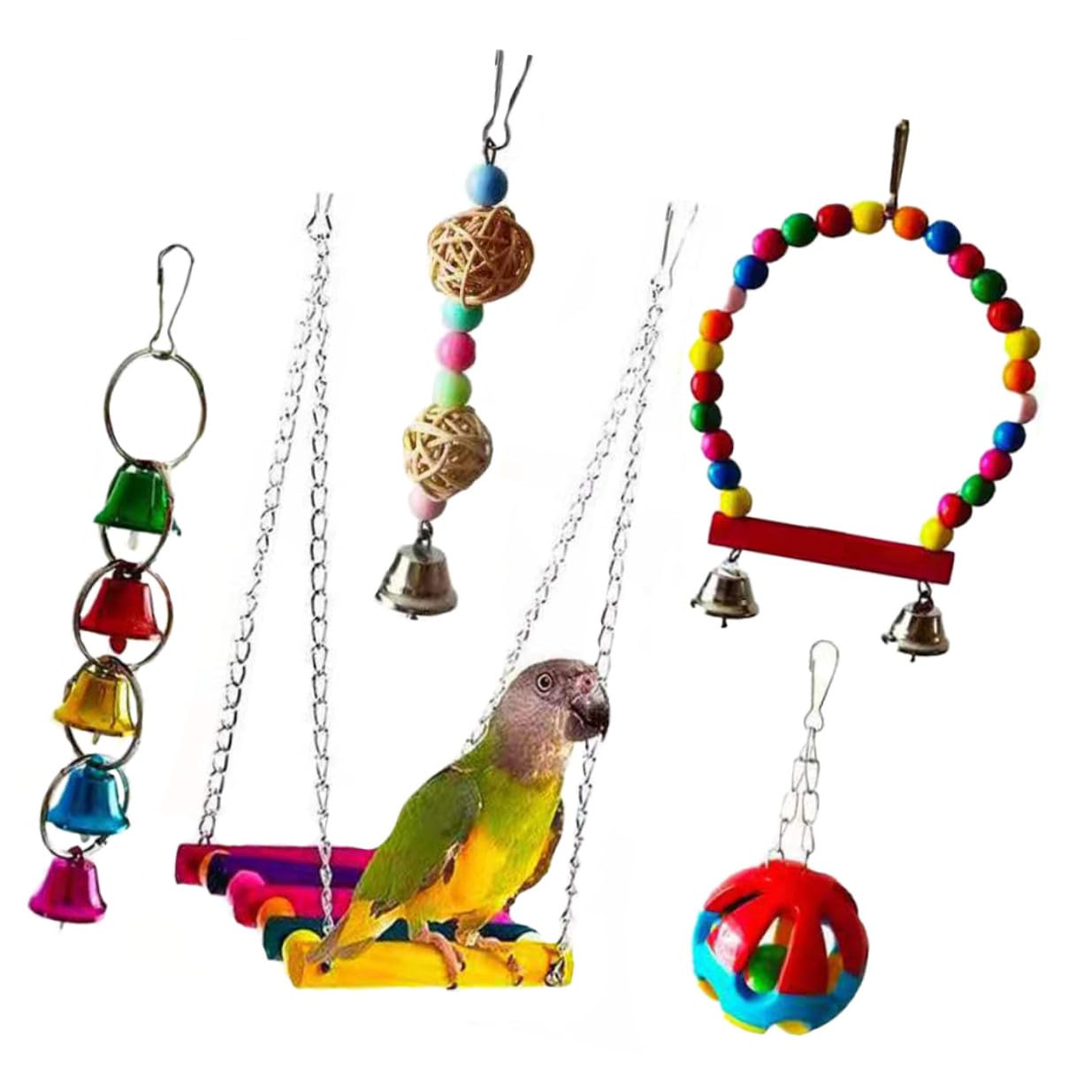 Levemolo 5 pièces Set de Jouets à Mâcher pour Perruches et Perroquets et Naturel pour Oiseaux Ensemble Daccessoires Colorés pour Cage Danimaux de Compagnie