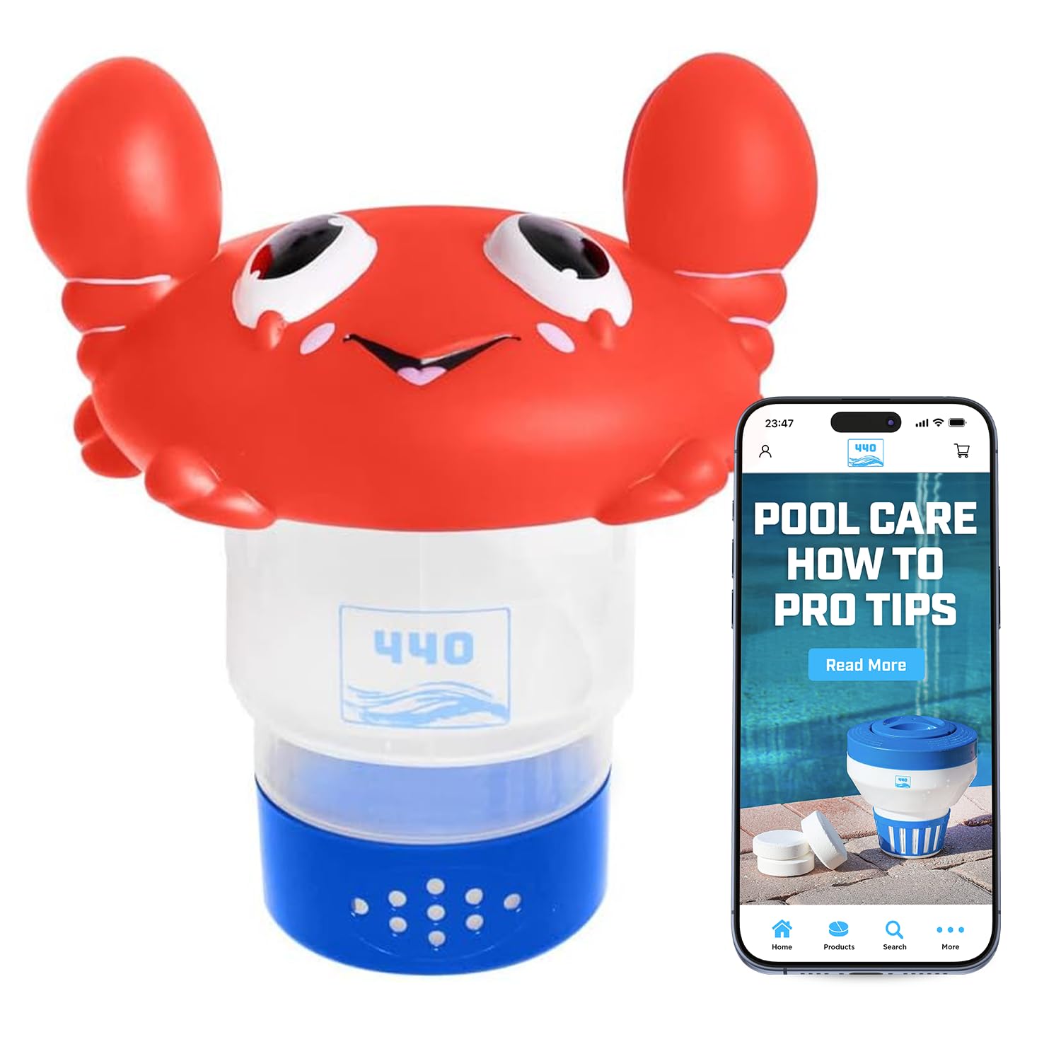 440 440 Pool Chlorine Floater Dispenser, Fits Up to 3 Pieces of 3-Inch Chlorine Tabs, Adjustable Flow, Control, Heavy-Duty Plastic - Suitable for Small & Large Pools - 8 Ounces | Cartoon Crab