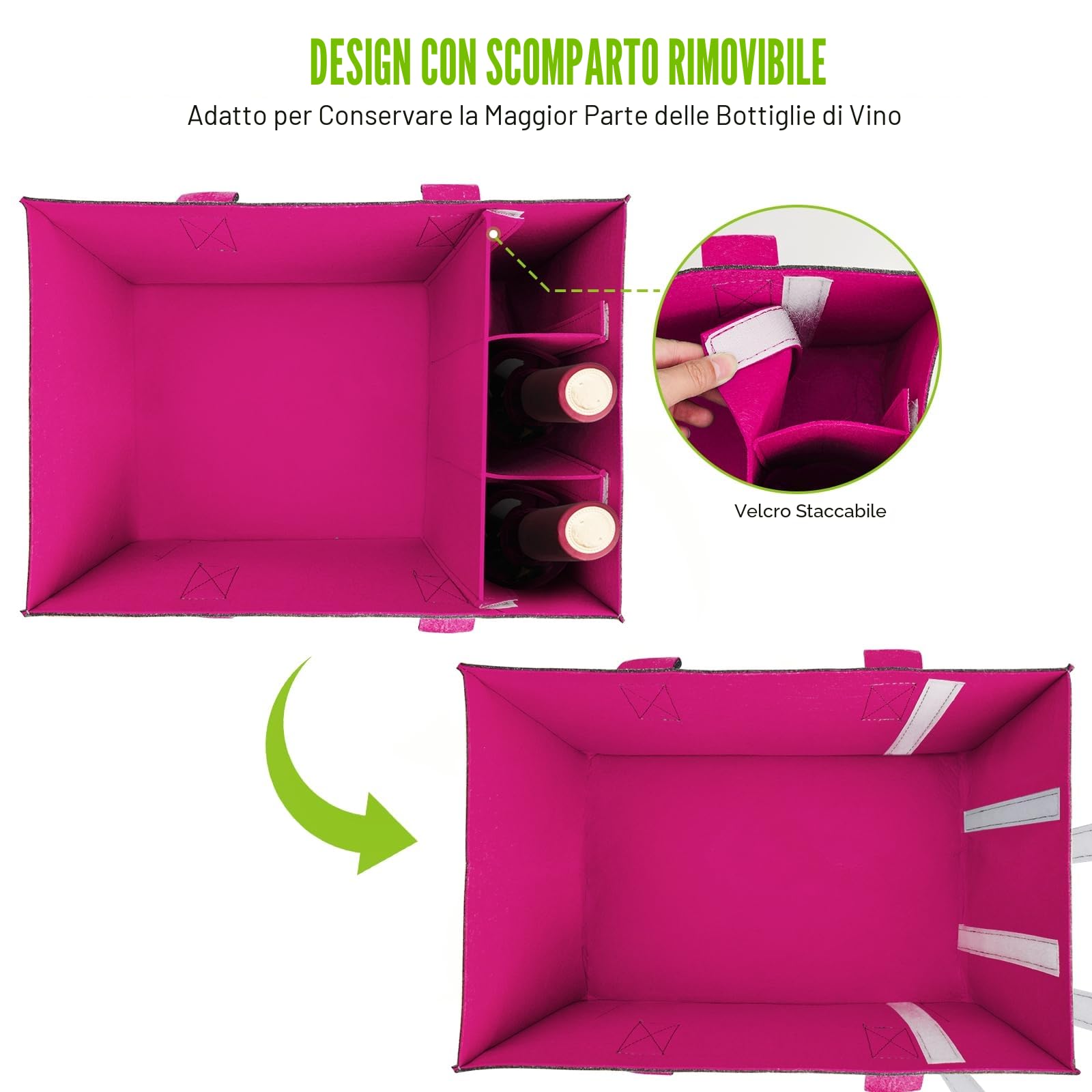 Eurhomewit Borsa in Feltro con Scomparto per Bottiglie, Cestino Pieghevole per la Borsa Shopper in Feltro/Borsa per Bottiglie/Borsa per Legna da Ardere (Magenta/1 Pezzo)