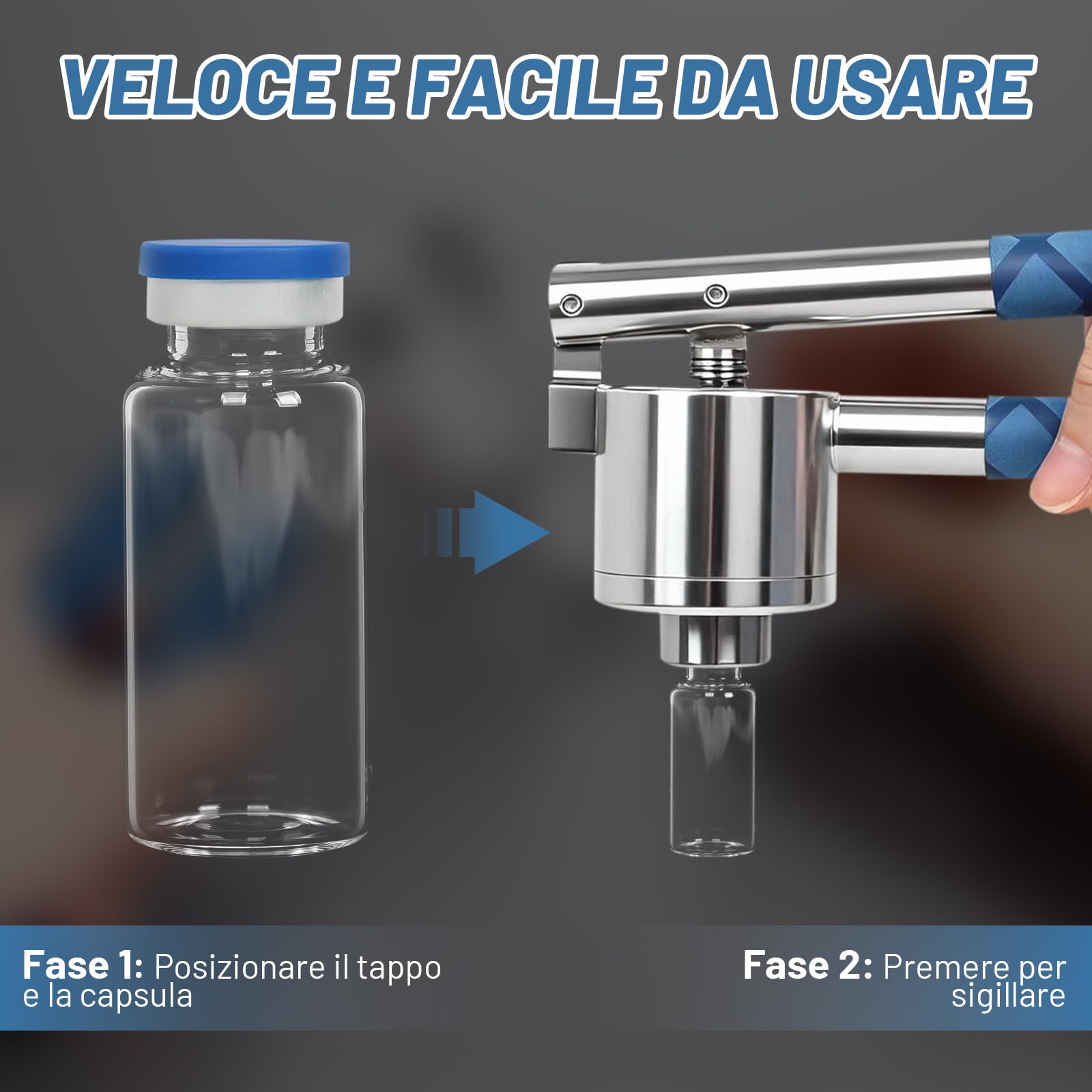 Crimpatrice per fiale da 20 mm + 100 flaconcini di vetro (10 ml) + 100 tappi in gomma + 100 cappucci flip-off in plastica-alluminio