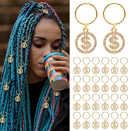 24Pcs Dollar Pattern Gold Dreadlock Hair Clips- Gold Dreadlock Charms Accessories- Dreadlock Hair Clips with Shiny Rhinestones- Gold Hair Accessories for Women Girls Braids Party