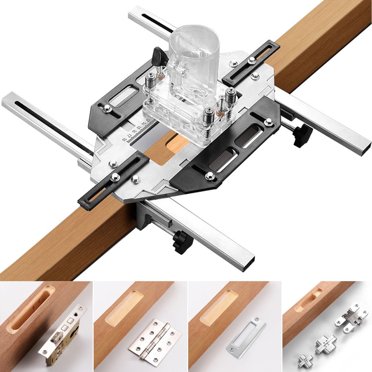 ドリルガイド 平蝶番スライド丁番穴あけ治具 2in1 家具用隠しコネクタドアヒンジ穴オープナー スロッティングロックガイドプレート アルミニウム合金木工穴ロケーター 木工取付ロック固定パンチングスライド丁番穴あけガイド トリマーベース&日本語取扱説明書付き