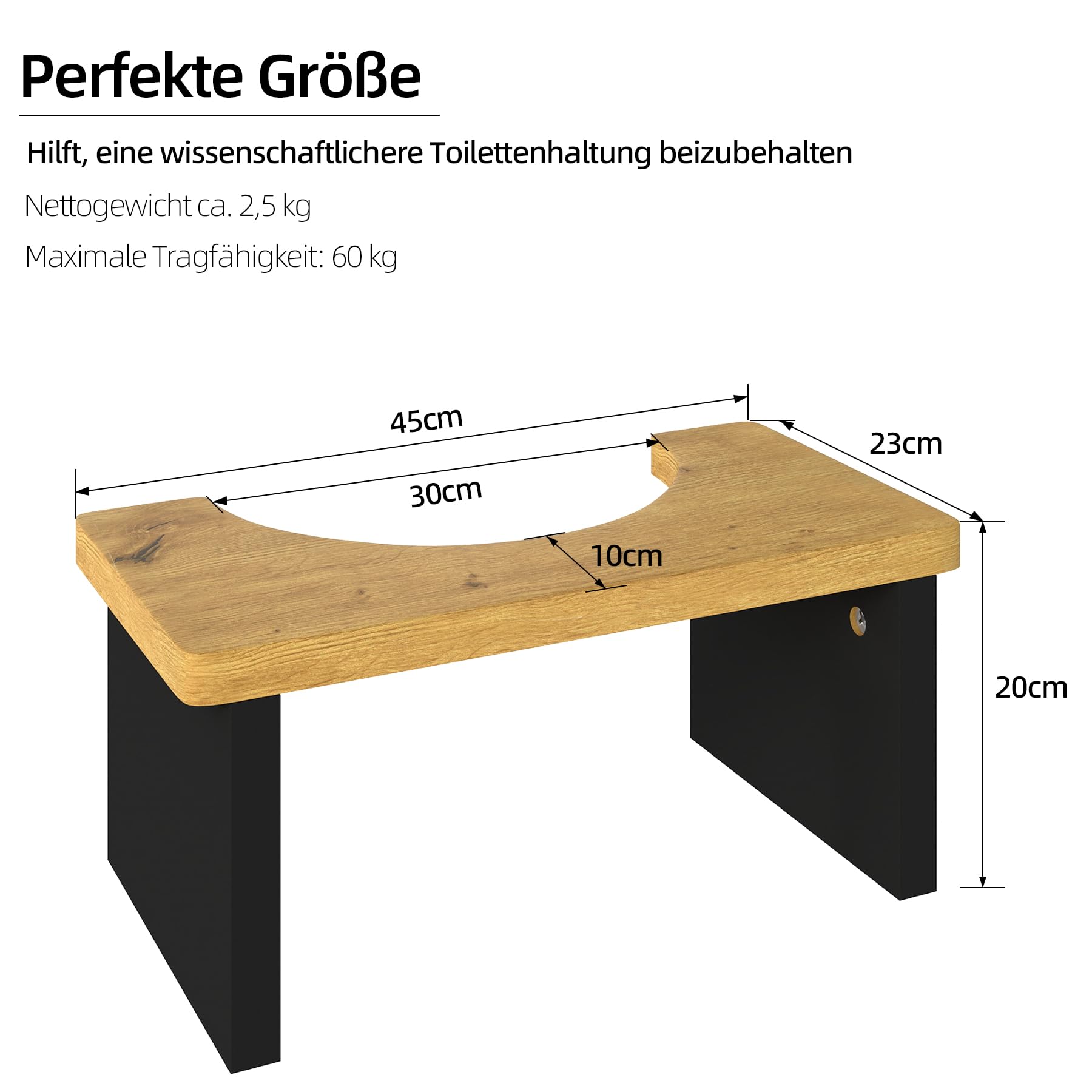 Set di 2 Sgabello da Bagno per Adulti, Poggiapiedi in Legno Sedia da WC Sgabello per il Sanitari Bagno Step Pedana per Adulti e Bambini Piccolo/Rovere e Nero/45x23x20CM(LxPxA)