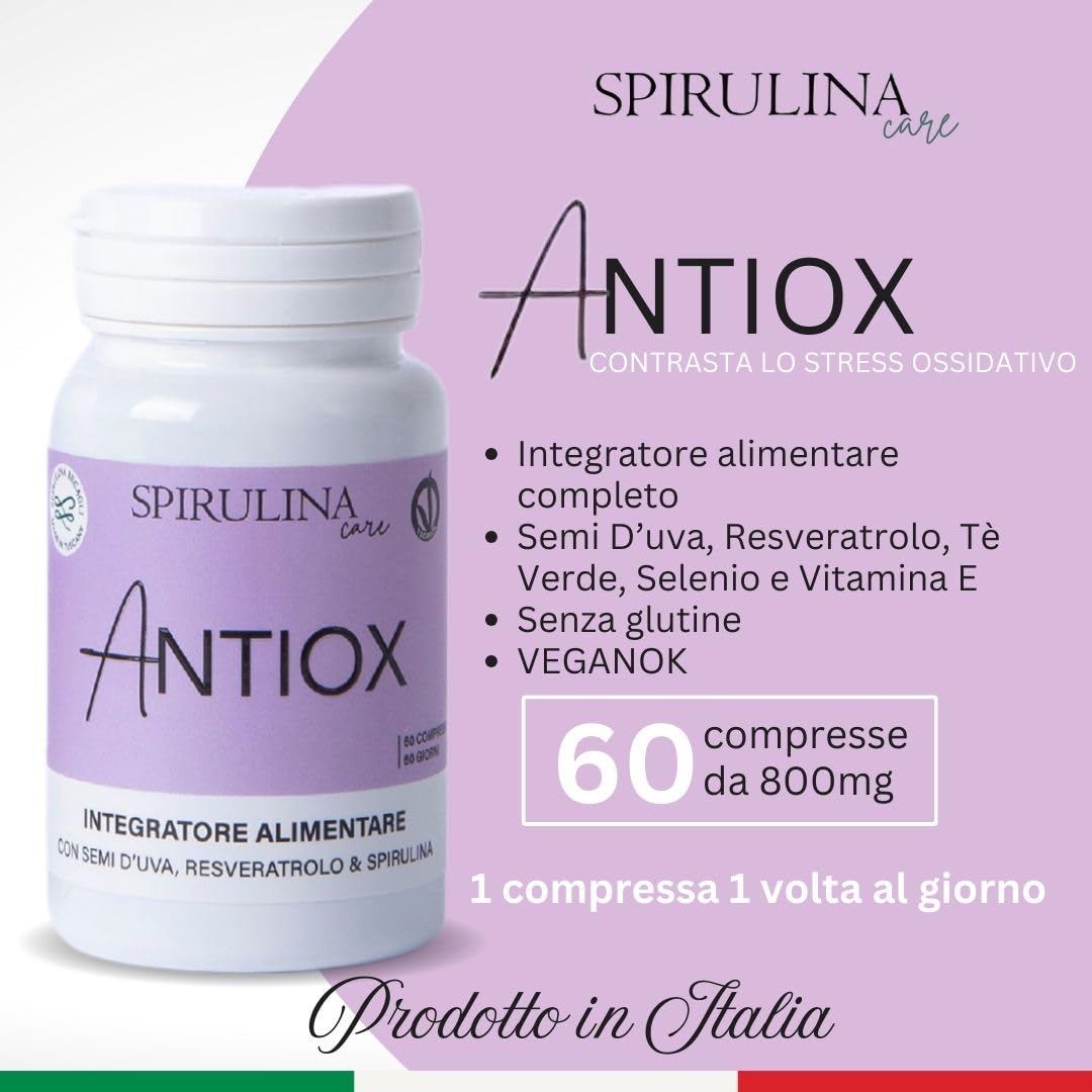SPIRULINA BECAGLI - Semi d'uva (OPC) e Resveratrolo – Antiossidante per Pelle e Microcircolo con Spirulina, Tè Verde, Vitamina E e Selenio – 60 compresse da 800 mg