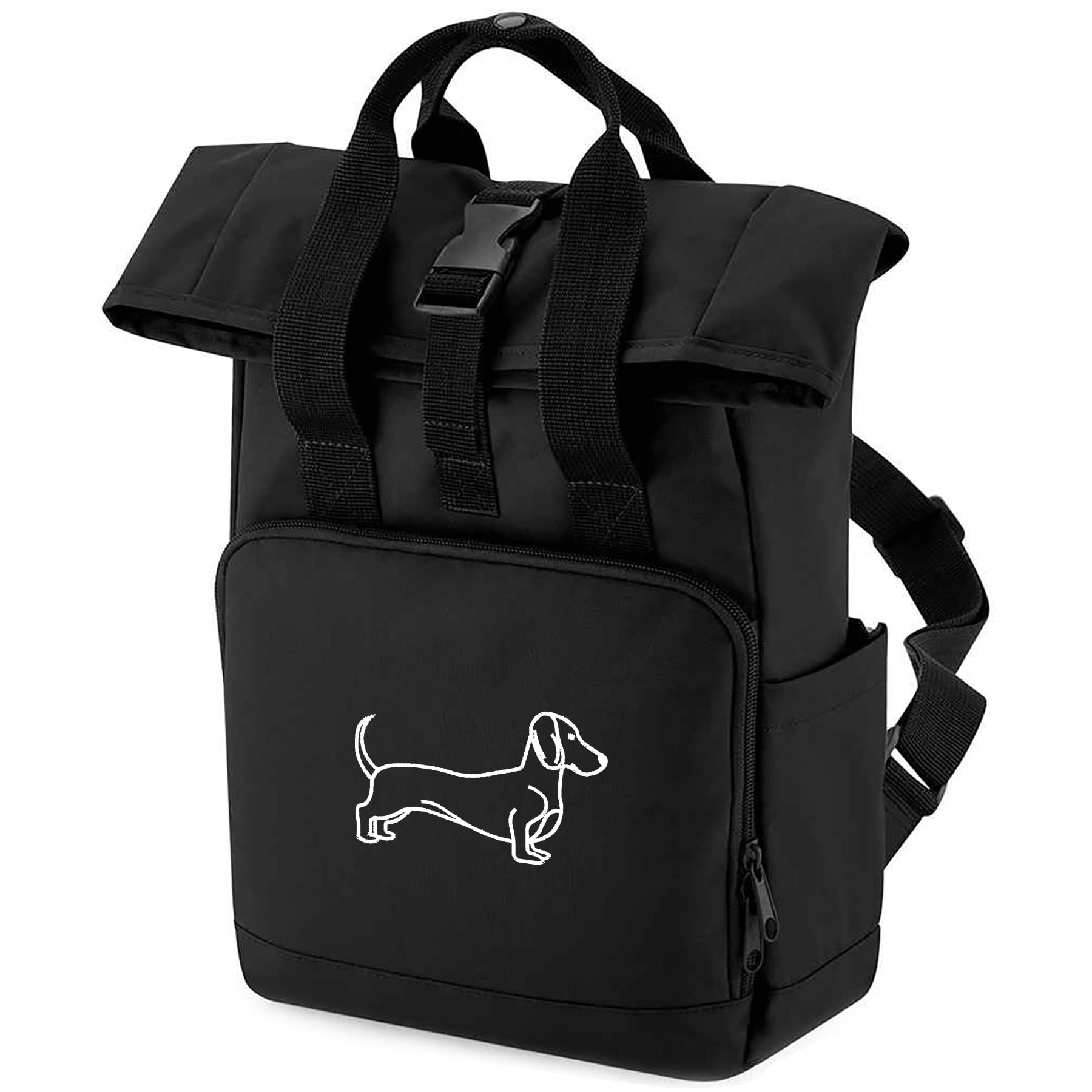 Embroidered Sausage Dog Mini Roll Top Backpack Gift for Dachshund Owners Puppy Pet Walking Bag, One Size, Black