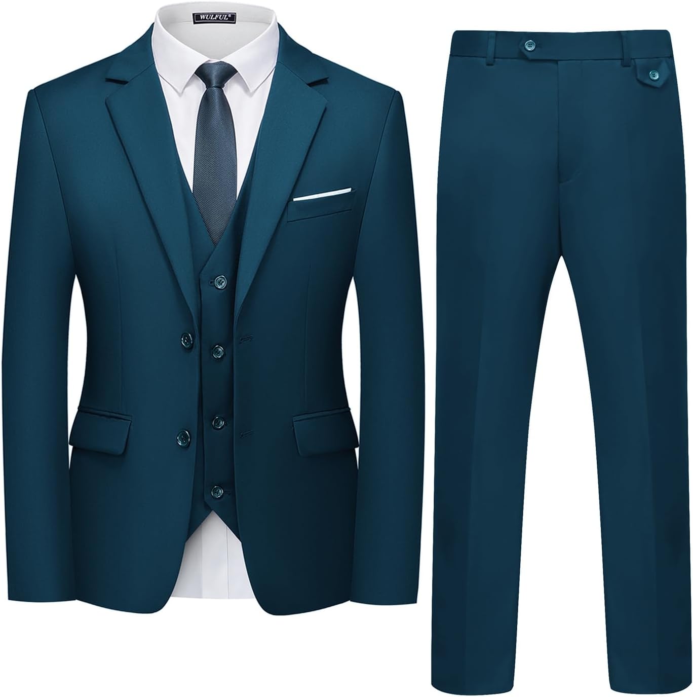WULFUL Men's 3 Piece Slim Fit Suit Set Two Button Blazer Jacket Vest Pants... - Picture 86 of 95
