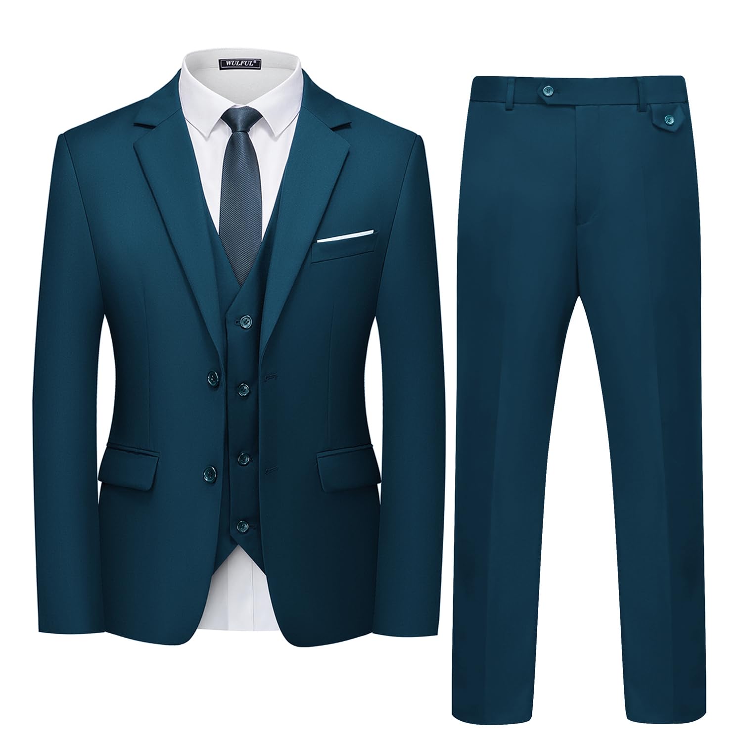 WULFULMen's 3 Piece Slim Fit Suit Set Two Button Blazer Jacket Vest Pants Tuxedo Set for Party, Wedding and BusinessGlobal Recycled StandardGlobal Recycled StandardGlobal Recycled Standard