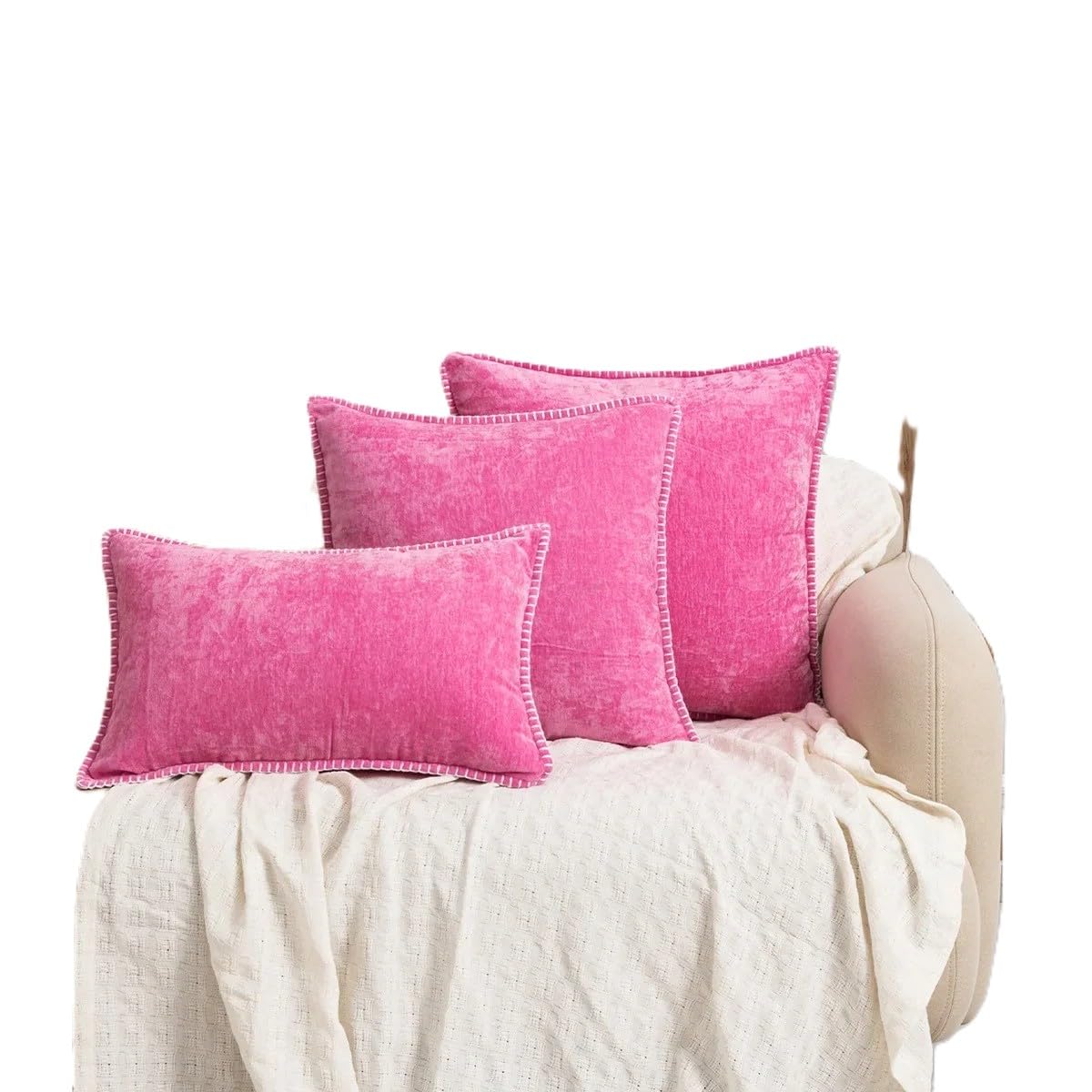 Housse de coussin en chenille rose 50x50 cm avec finitions cousues haut de gamme