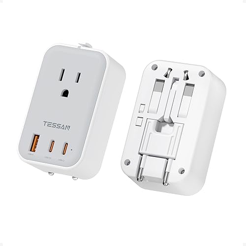 Miniatura 8 de TESSAN Adaptador de viaje PD de 20 W, adaptador de corriente universal 2 USB C 1 USB A, adaptador de enchufe internacional ultrafino, salida mundial