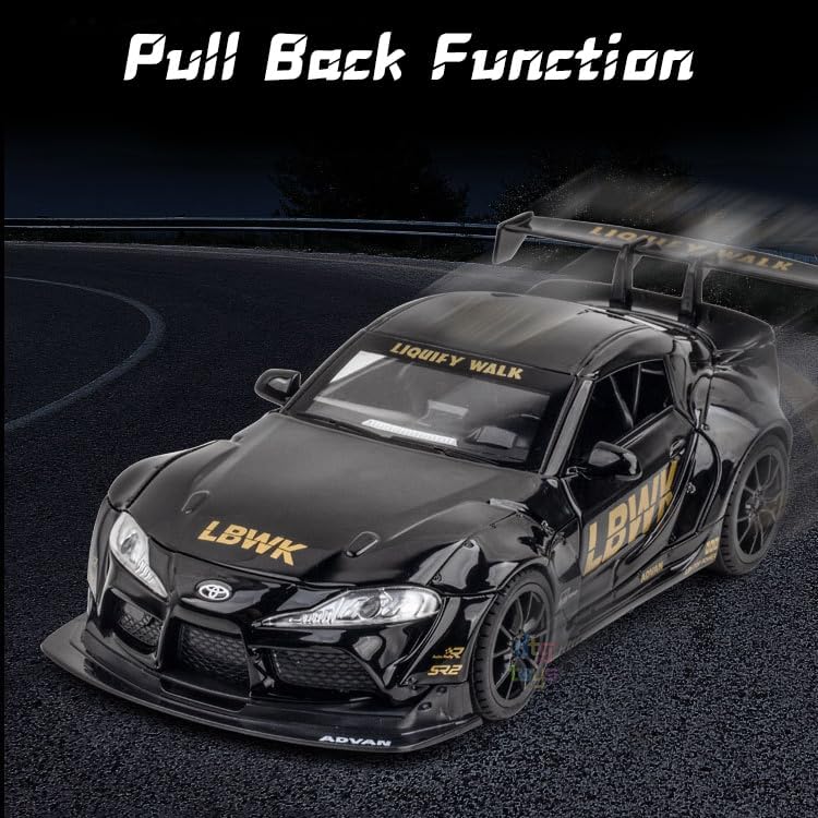 Image of 1:22 Toyota Supra Diecast Metal Car Model, Pull Back Toy with Sound & Light, Openable Doors, Kids Toy Vehicle, Durable Diecast Car for Boys, Collectible Gift (Black)